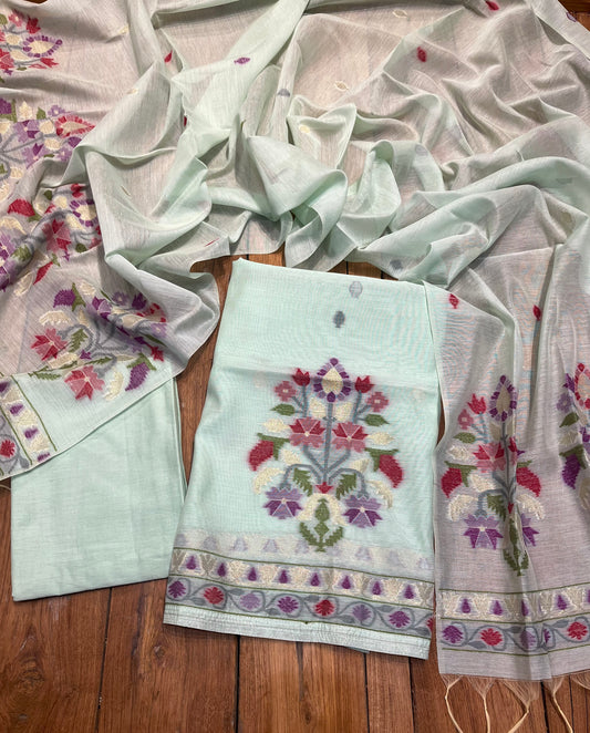 AQUA JAMDANI DHAKAI COTTON UNSTITCHED SUIT EMBELLISHED WITH RESHAM & ZARI WEAVES