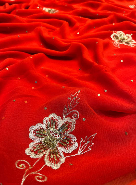 ( DELIVERY IN 25 DAYS ) ORANGE COLOUR GEORGETTE EMBROIDERED SAREE EMBELLISHED WITH AARI WORK