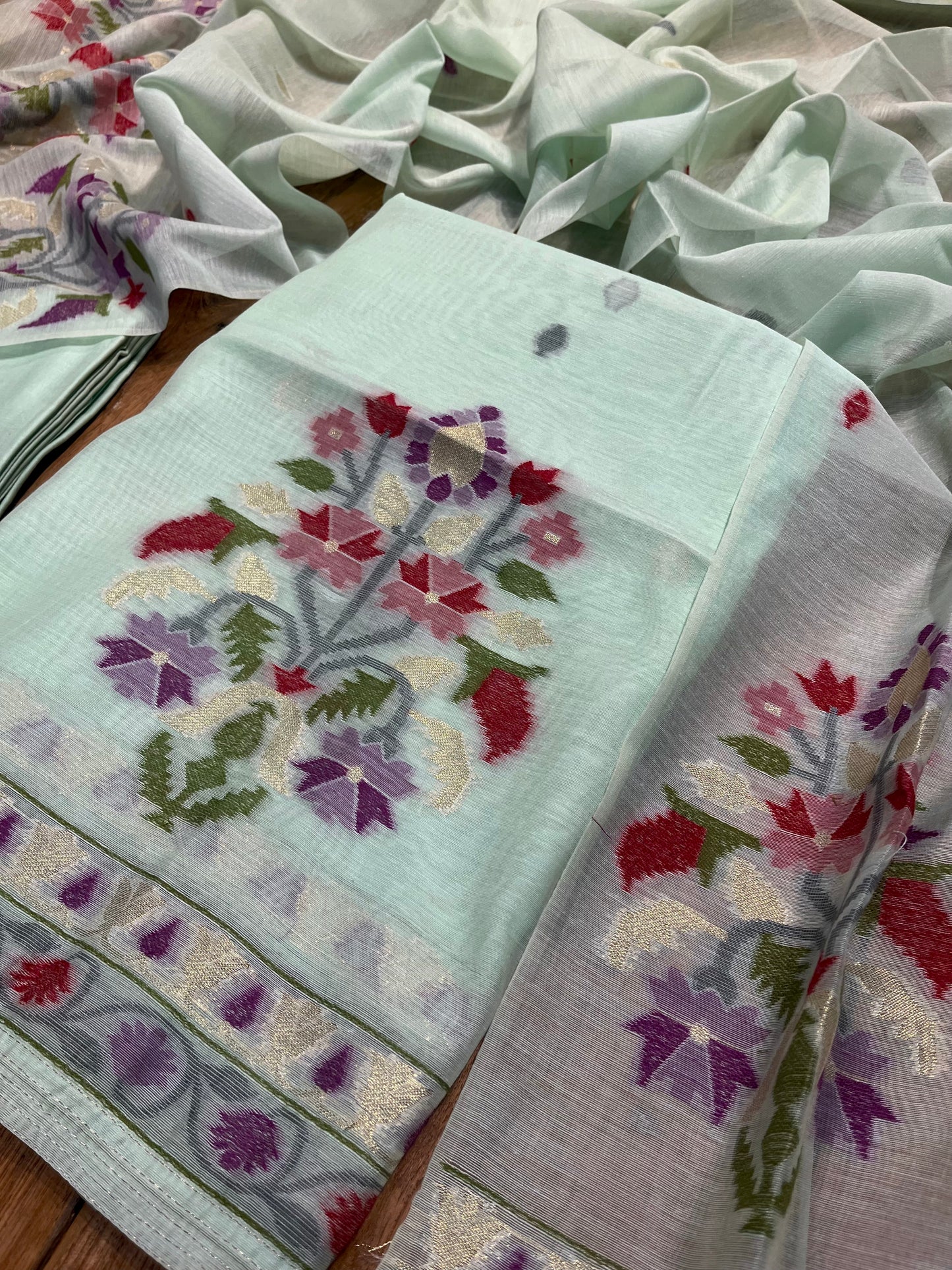 AQUA JAMDANI DHAKAI COTTON UNSTITCHED SUIT EMBELLISHED WITH RESHAM & ZARI WEAVES