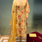 YELLOW COLOUR LINEN UNSTITCHED SUIT EMBELLISHED WITH RESHAM & MIRROR FOIL WORK