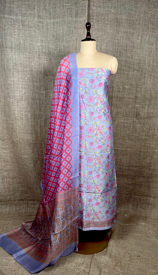 LAVENDER COLOUR CHANDERI SILK PRINTED UNSTITCHED SUIT