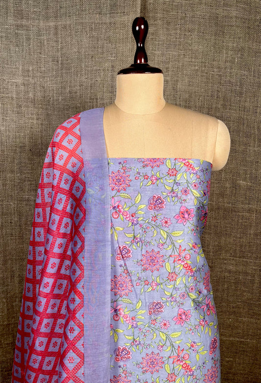 LAVENDER COLOUR CHANDERI SILK PRINTED UNSTITCHED SUIT