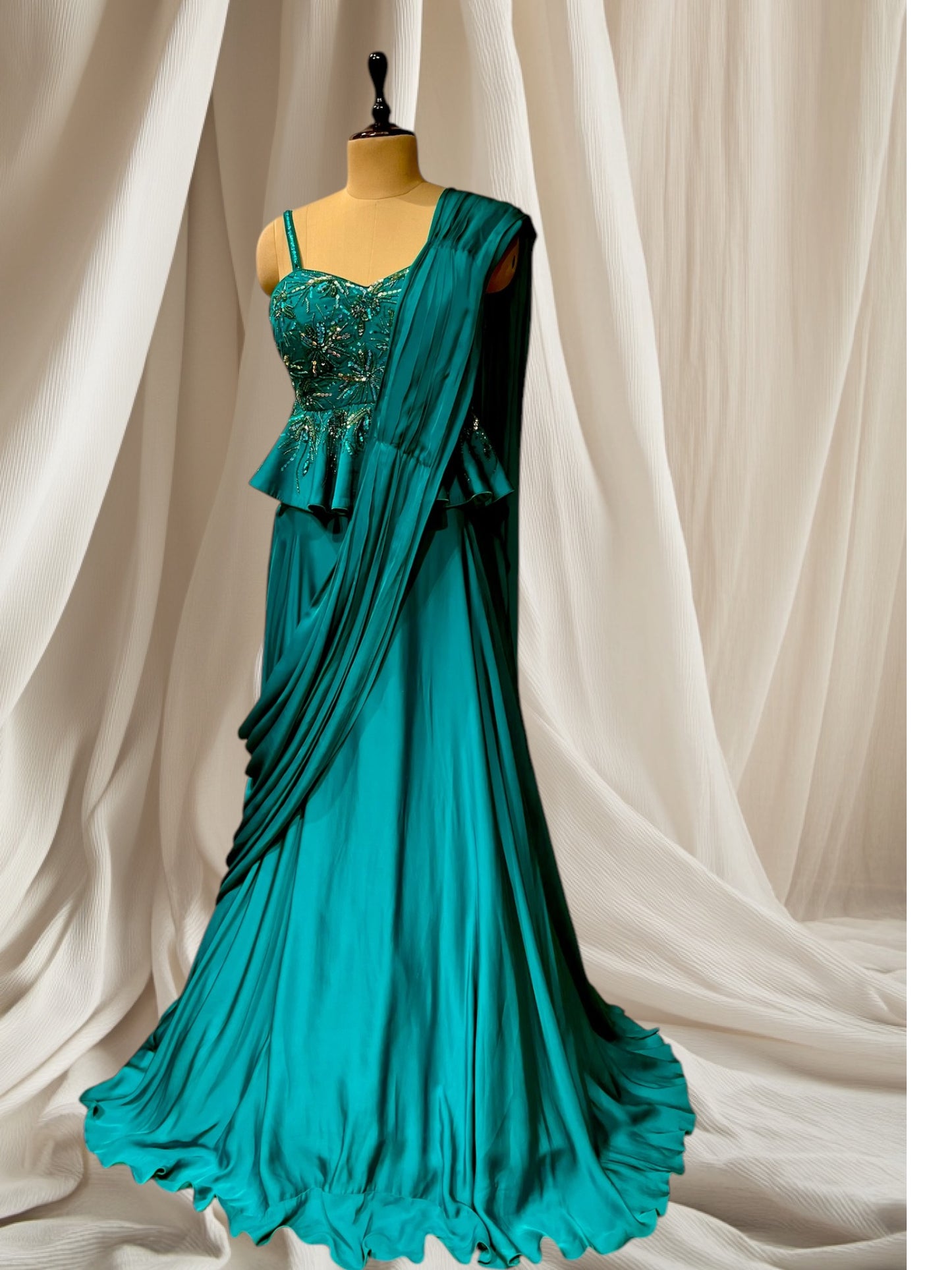 TURQUOISE COLOUR SATIN SILK INDOWESTERN DRESS PEPLUM TOP WITH ATTACH DUPATTA SKIRT EMBELLIESHED WITH CUTDANA, BEADS & SEQUINS WORK