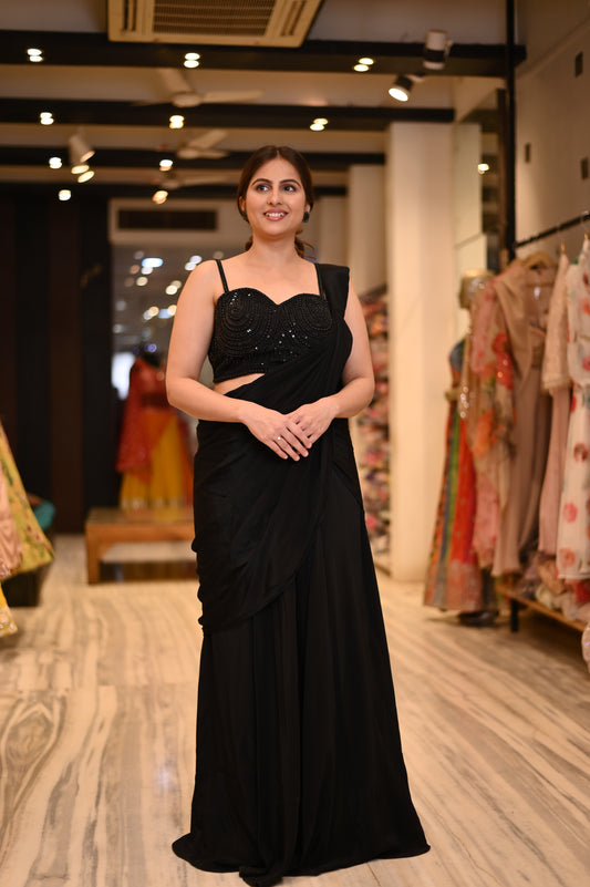 BLACK COLOUR CREPE SILK READYMADE SKIRT STYLE DRAPE SAREE WITH READYMADE BLOUSE EMBELLISHED WITH SEQUINS & BEADS WORK