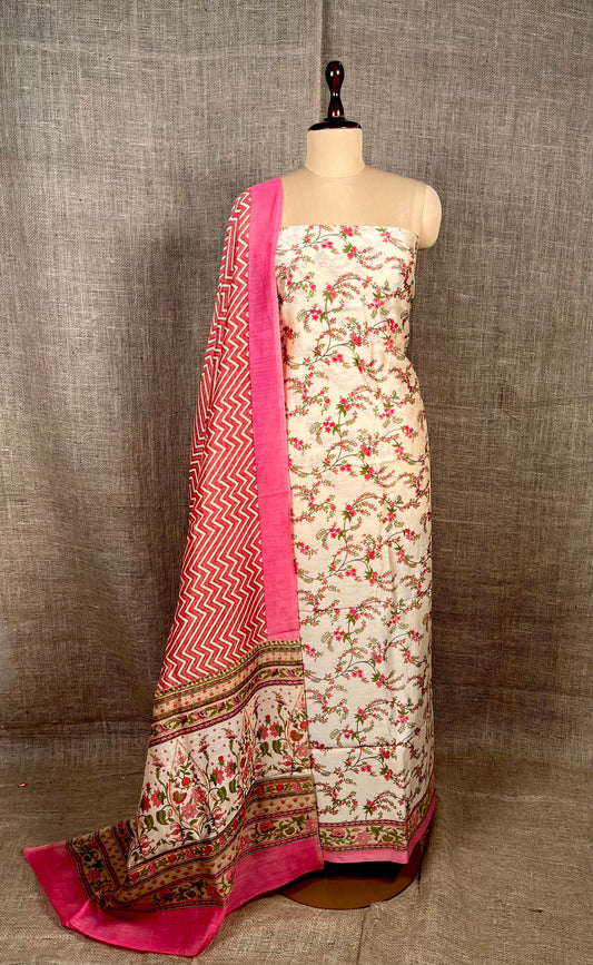 OFF WHITE COLOUR CHANDERI SILK PRINTED UNSTITCHED SUIT