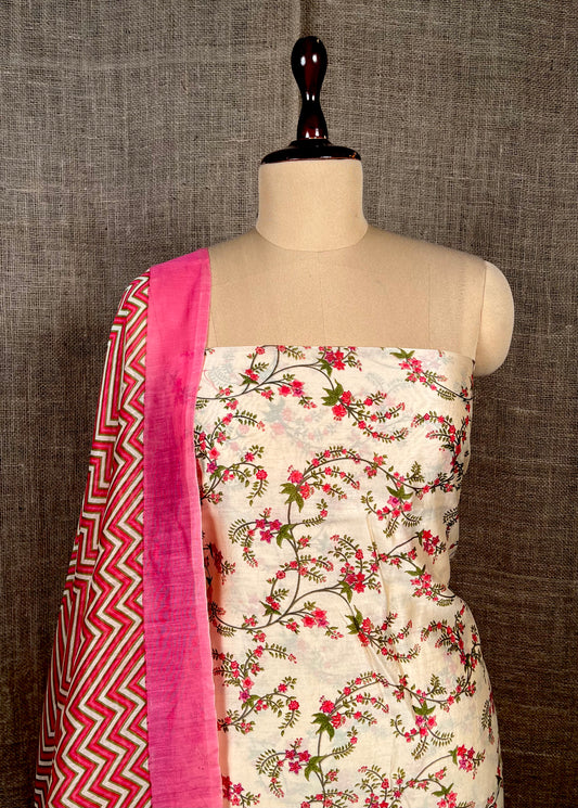 OFF WHITE COLOUR CHANDERI SILK PRINTED UNSTITCHED SUIT