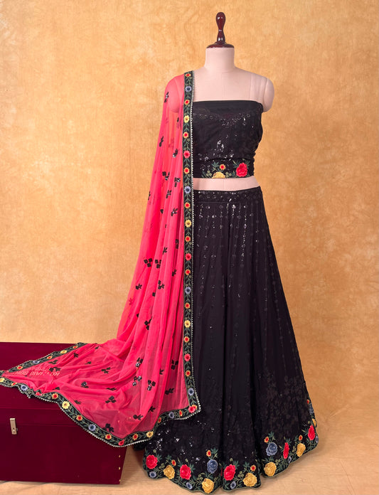 BLACK COLOUR GEORGETTE LEHENGA WITH UNSTITCHED BLOUSE AND NET DUPATTA EMBELLISHED WITH SEQUINS & RESHAM WORK