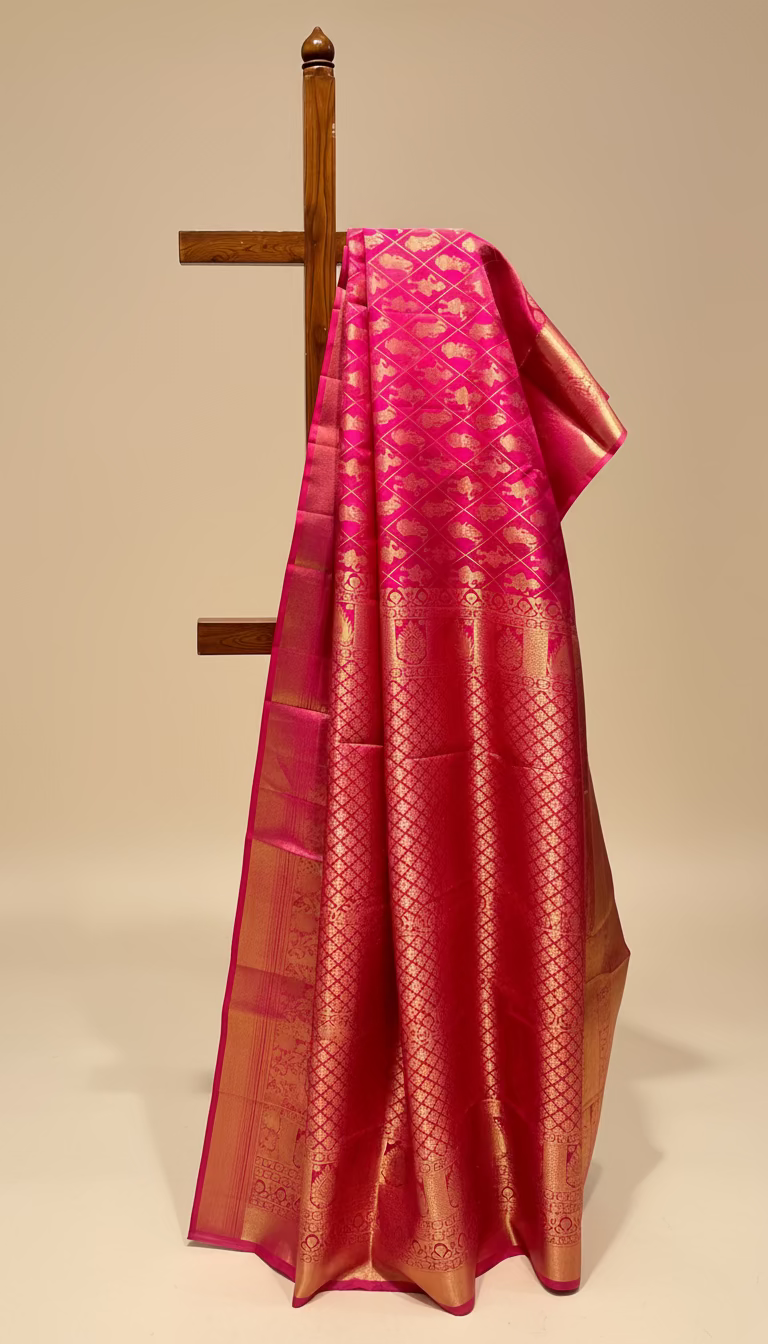 HOT PINK PURE KANJIVARAM SILK SAREE