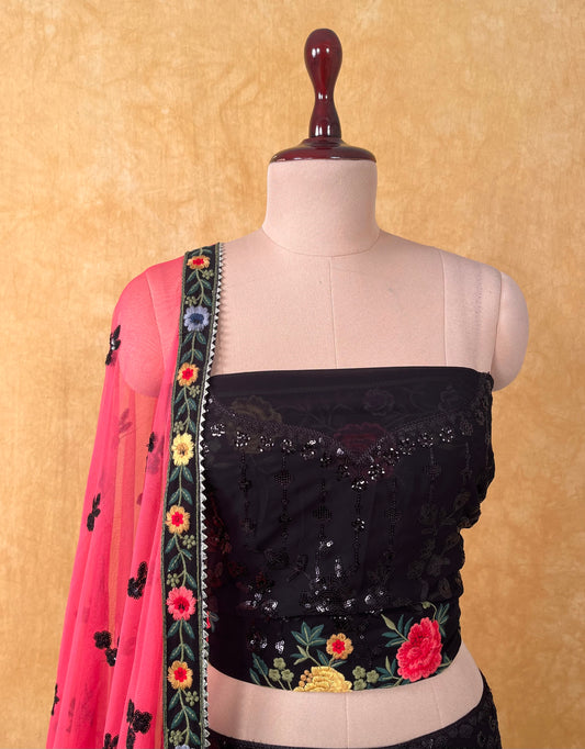 BLACK COLOUR GEORGETTE LEHENGA WITH UNSTITCHED BLOUSE AND NET DUPATTA EMBELLISHED WITH SEQUINS & RESHAM WORK