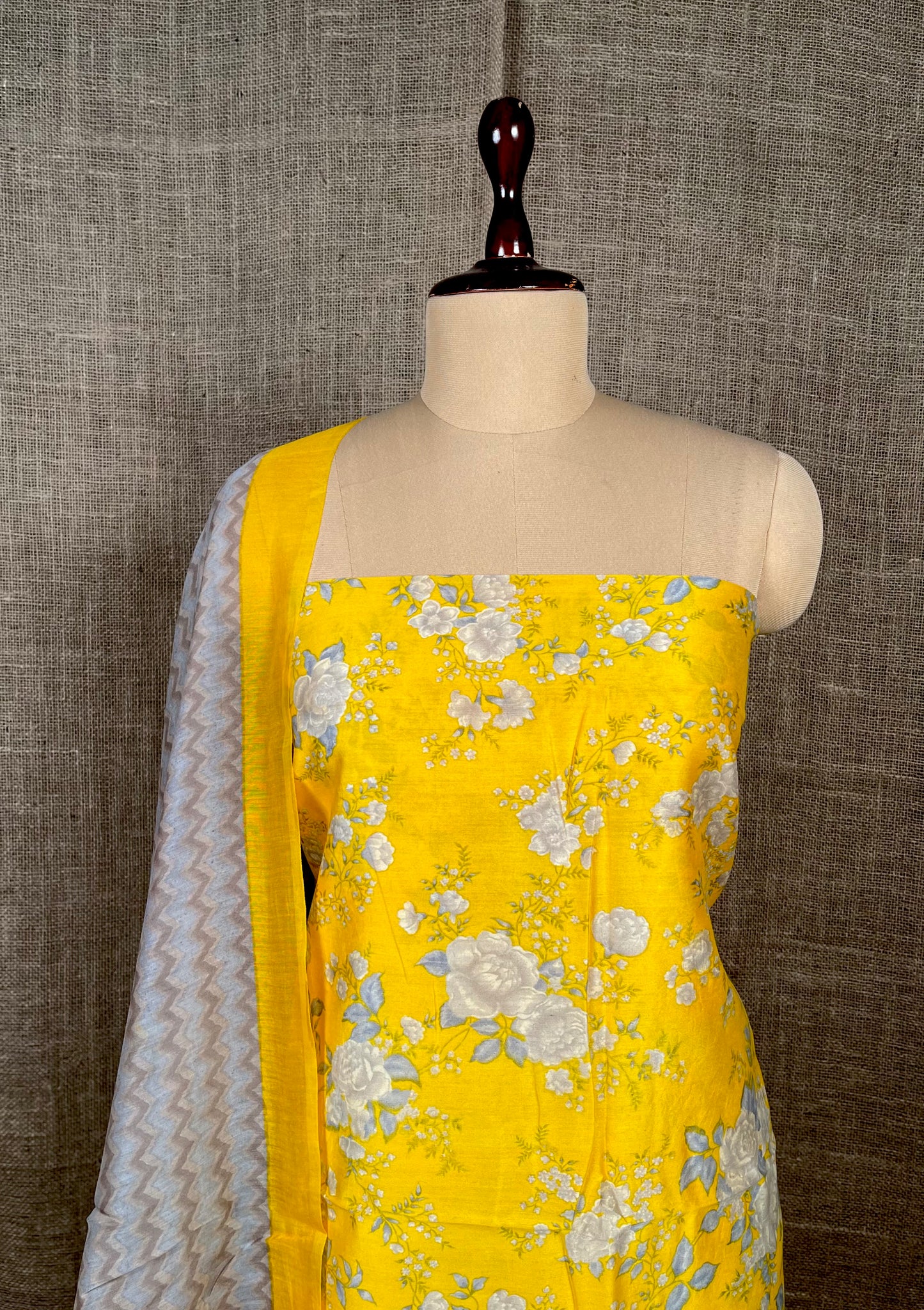 YELLOW COLOUR CHANDERI SILK PRINTED UNSTITCHED SUIT