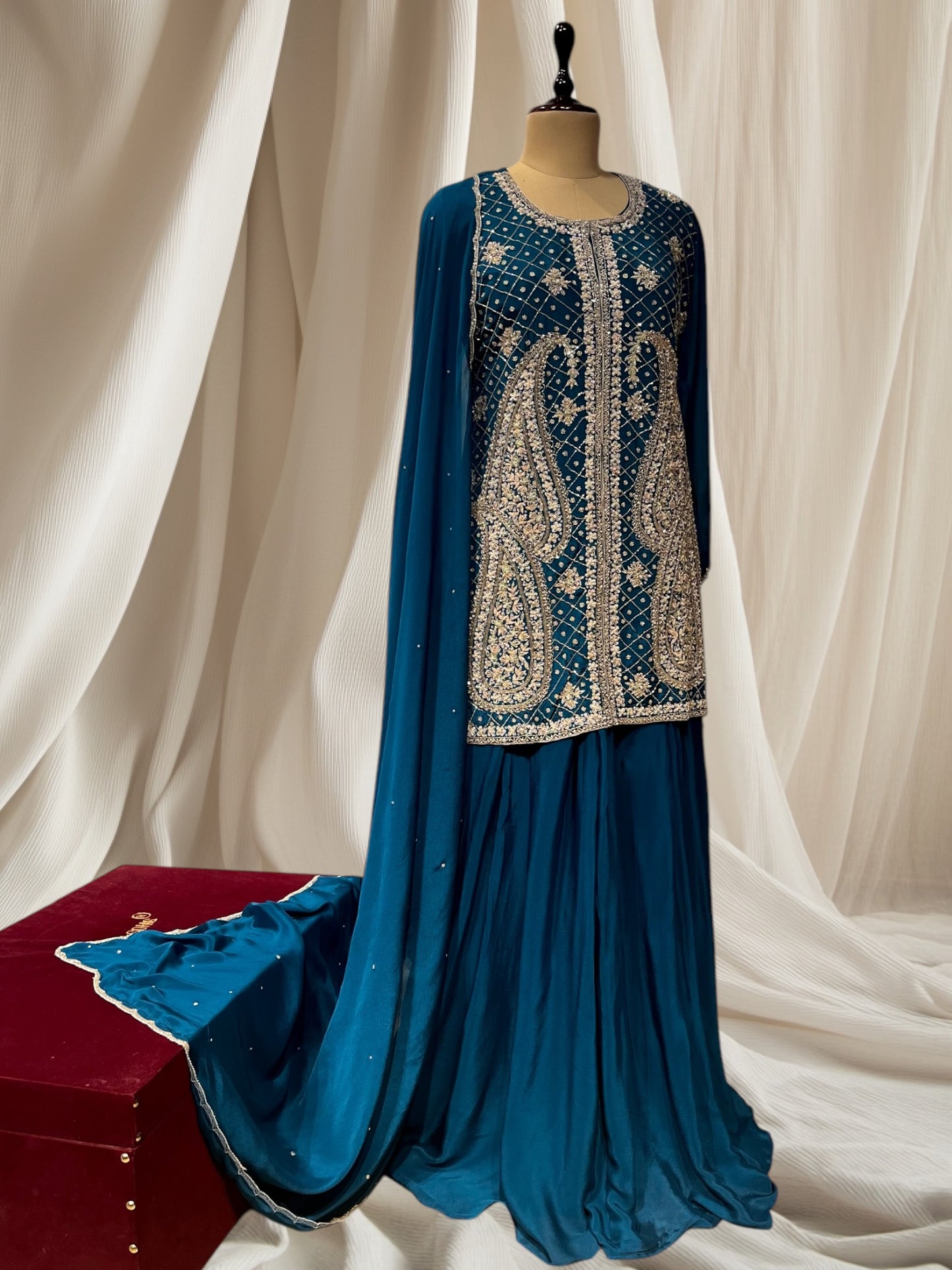 BLUE COLOUR CHINON SHARARA SUIT WITH BEADS & CUTDANA EMBROIDERY