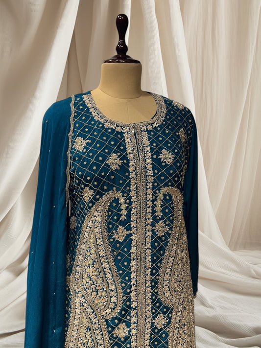 BLUE COLOUR CHINON SHARARA SUIT WITH BEADS & CUTDANA EMBROIDERY