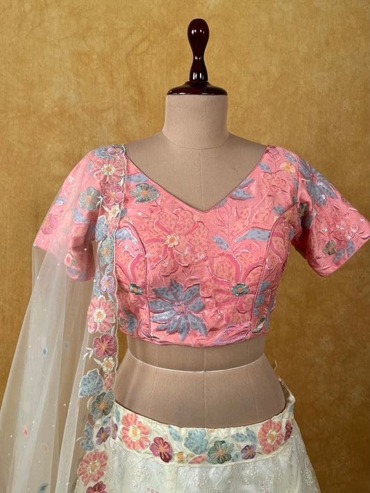 ( DELIVERY IN 25 DAYS ) WHITE COLOUR NET EMBROIDERED LEHENGA WITH READYMADE BLOUSE EMBELLISHED WITH RESHAM & SEQUINS WORK