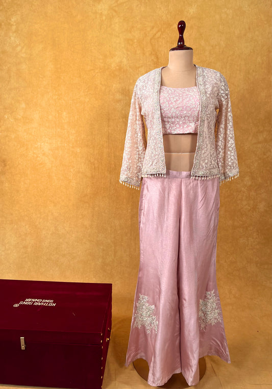 MAUVE COLOUR SILK PANT WITH CROP TOP BLOUSE & SHRUG EMBELLISHED WITH RESHAM & BEADS WORK