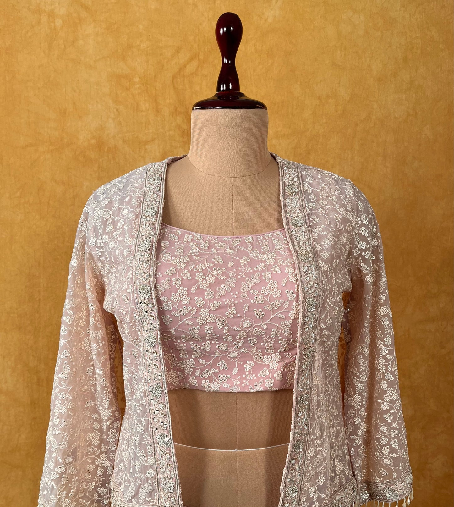 MAUVE COLOUR SILK PANT WITH CROP TOP BLOUSE & SHRUG EMBELLISHED WITH RESHAM & BEADS WORK