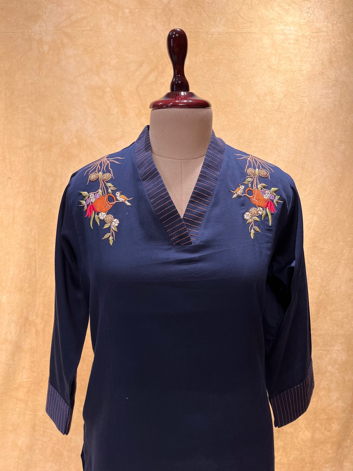 BLUE COLOUR CHANDERI SILK EMBROIDERED KURTI EMBELLISHED WITH RESHAM WORK BY SIDDHAIKA