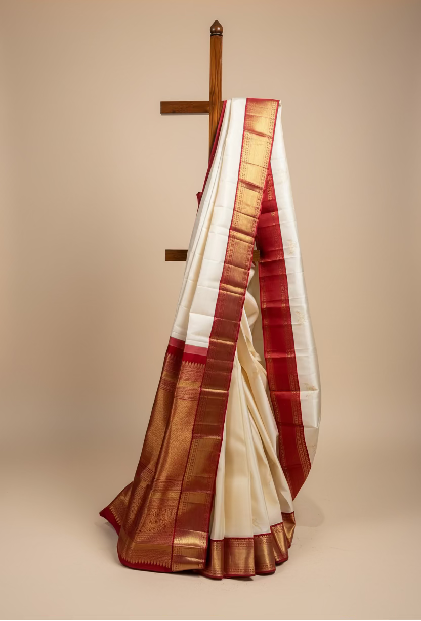 IVORY COLOUR PURE KANJIVARAM SILK SAREE WITH CONTRAST RED PALLA AND BORDER