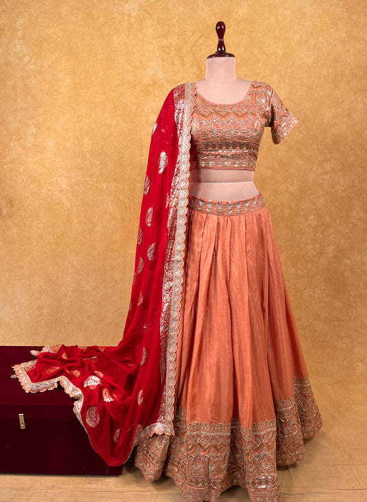( DELIVERY IN 25 DAYS ) PEACH COLOR CREPE SKIRT WITH EMBROIDERED BLOUSE & GEORGETTE BANARASI DUPATTA EMBELLISHED WITH SEQUINS WORK