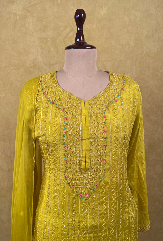 LEMON COLOUR CHINON EMBROIDERED READYMADE SUIT EMBELLISHED WITH CUTDANA & SEQUINS WORK