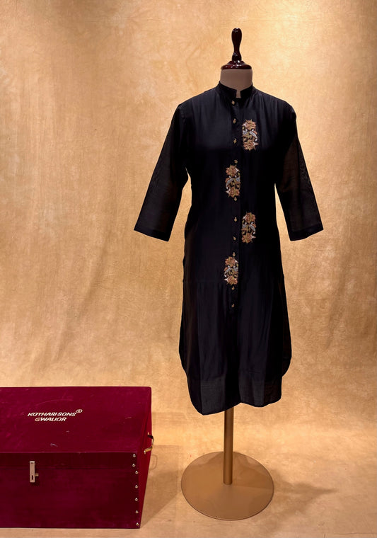 BLACK COLOUR CHANDERI SILK EMBROIDERED KURTI EMBELLISHED WITH KASHMIRI EMBROIDERY BY SIDDHAIKA