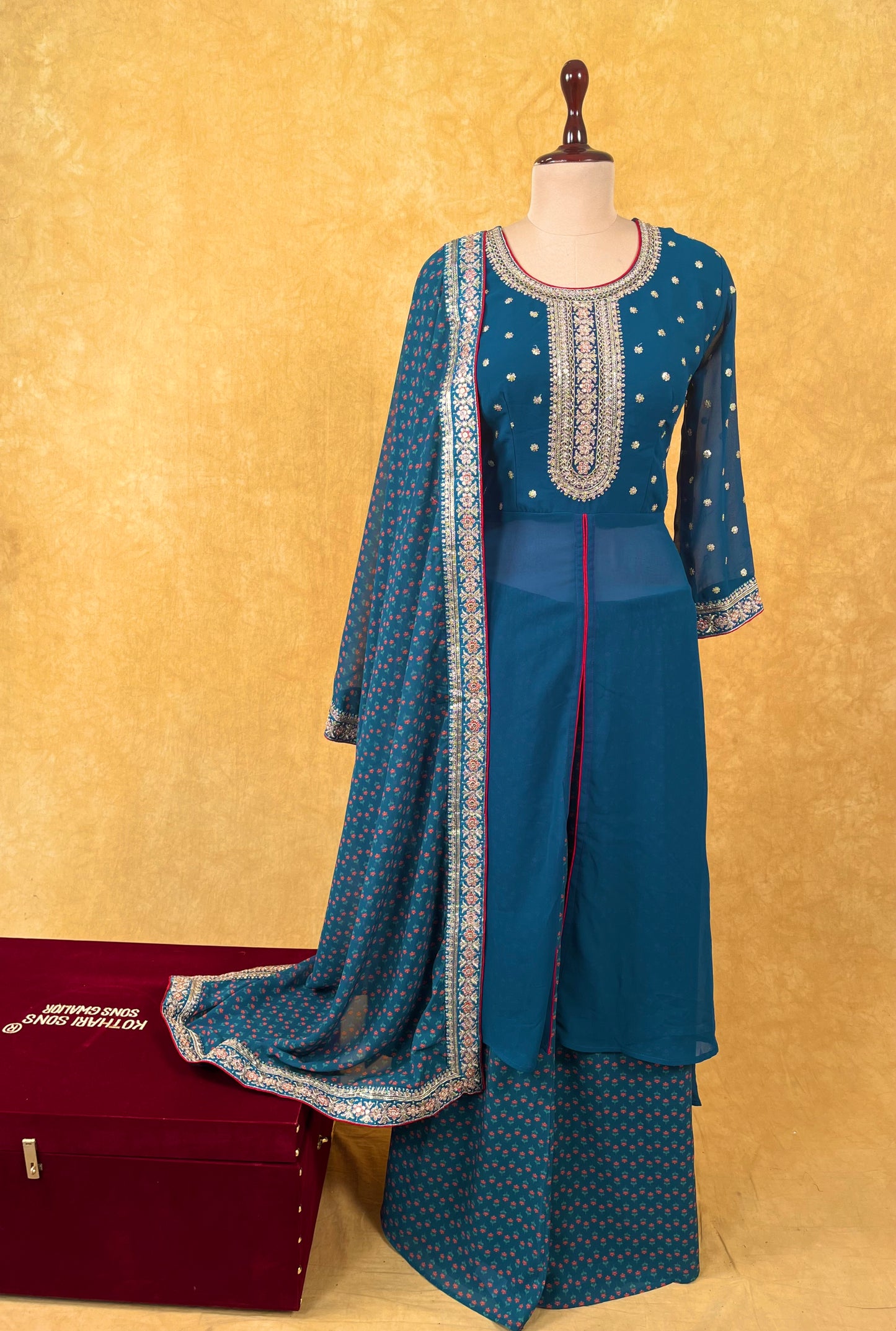 TEAL BLUE COLOUR GEORGETTE FRONT SLIT PALAZZO SUIT EMBELLISHED WITH ZARI WEAVES