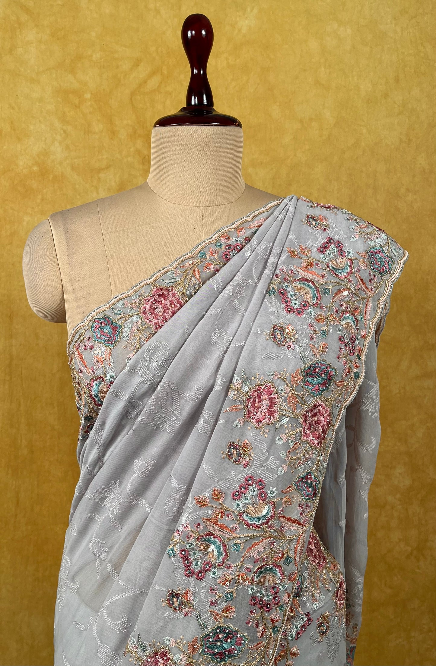 GREY COLOUR GEORGETTE EMBROIDERED SAREE EMBELLISHED WITH SEQUINS, BEADS & RESHAM WORK