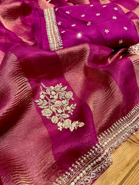 DEEP PINK ORGANZA SAREE, HAND EMBROIDERED WITH ZARDOZI & PEARL WORK