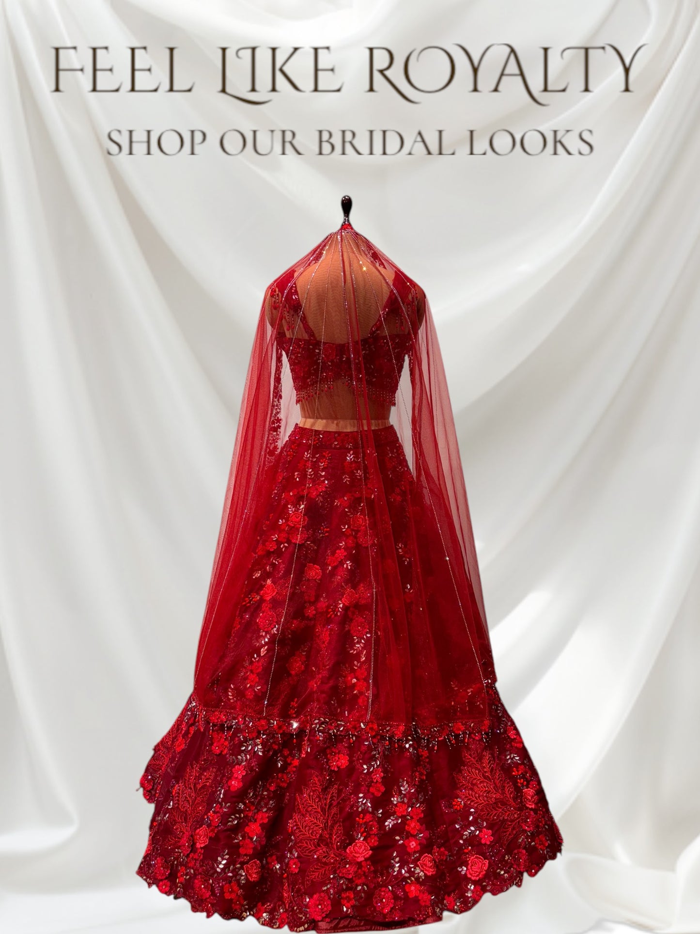 RED MONOTONE, APPLIQUE BEADS EMBROIDERED ORGANZA LEHENGA, PAIRED WITH CIRCULAR NET DUPATTA