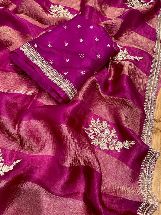 DEEP PINK ORGANZA SAREE, HAND EMBROIDERED WITH ZARDOZI & PEARL WORK