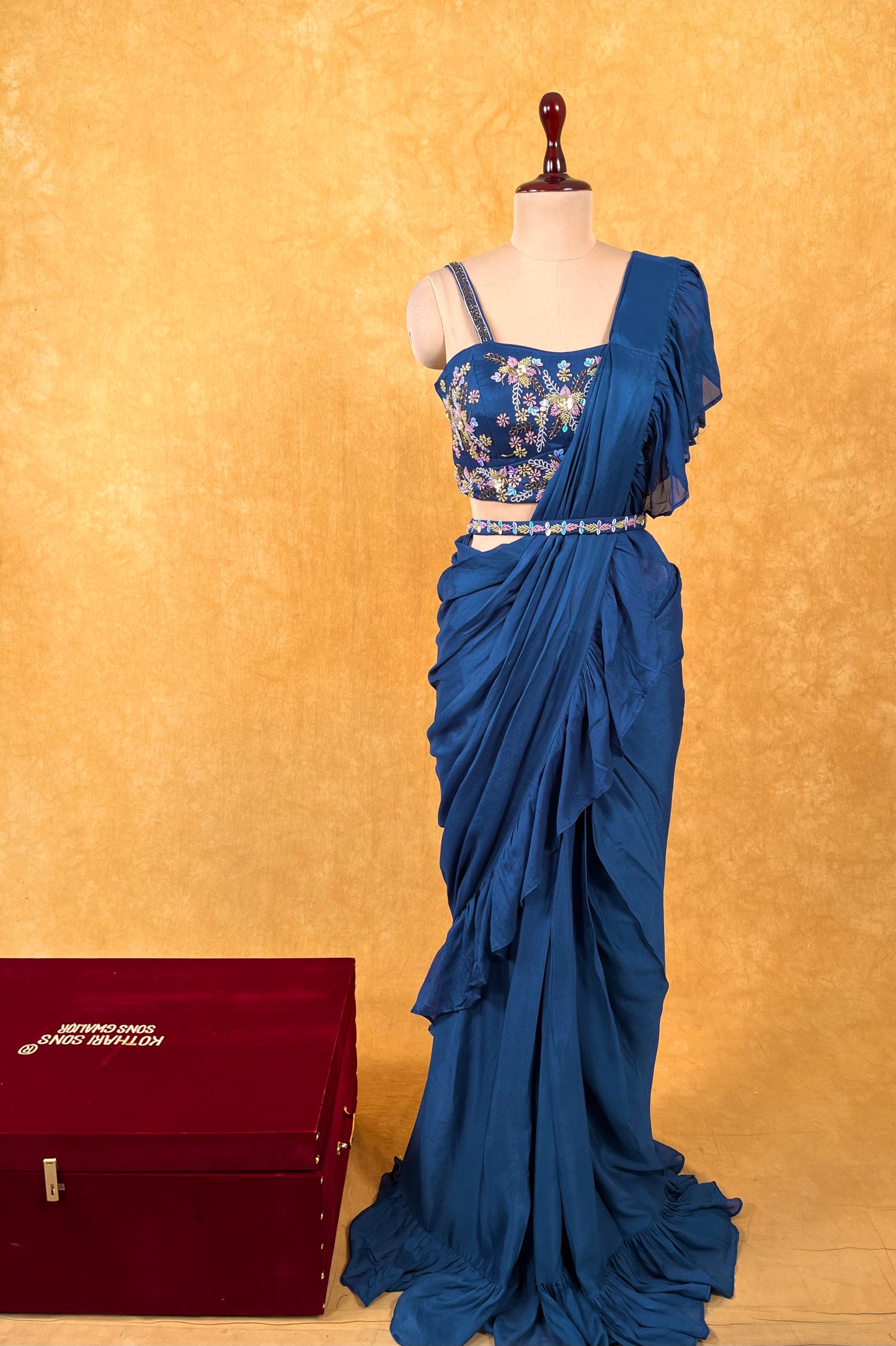 BLUE COLOUR CHINON RUFFLE READYMADE SAREE WITH EMBROIDERED BLOUSE & BELT EMBELLISHED WITH BEADS & SEQUINS WORK