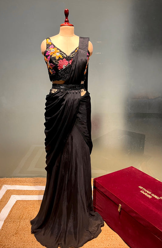 BLACK COLOUR CHINON READYMADE SAREE WITH EMBROIDERED BLOUSE EMBELLISHED WITH SEQUINS & CUTDANA WORK