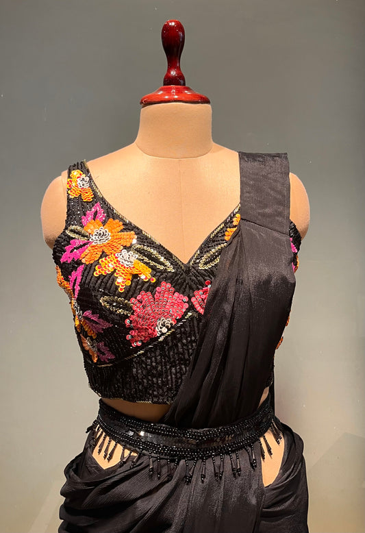 BLACK COLOUR CHINON READYMADE SAREE WITH EMBROIDERED BLOUSE EMBELLISHED WITH SEQUINS & CUTDANA WORK