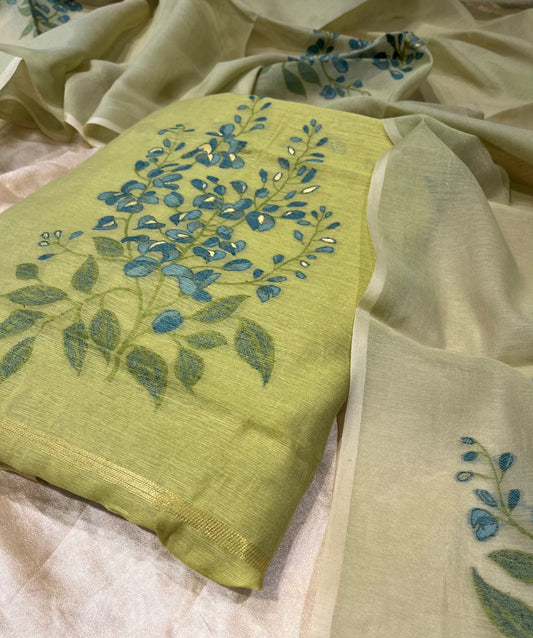 GREEN COLOUR TANT DHAKAI JAMDANI UNSTITCHED SUIT WITHOUT BOTTOM ( DRESS MATERIAL )