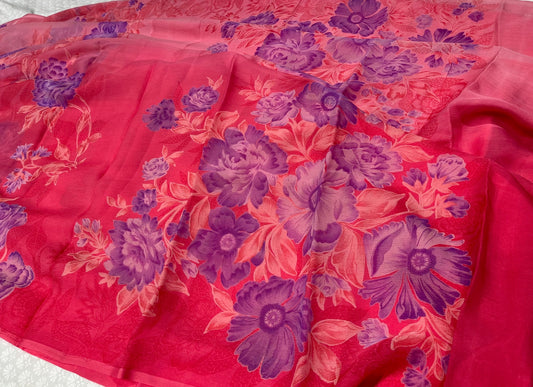 (DELIVERY IN 25 DAYS ) PINK COLOUR PURE CHIFFON PRINTED SAREE