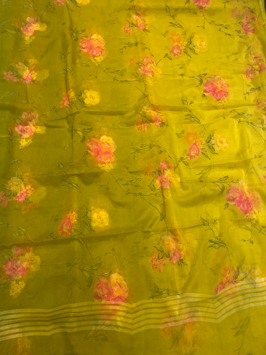 OLIVE COLOUR SHADED SEMI CHIFFON FLORAL PRINTED SAREE