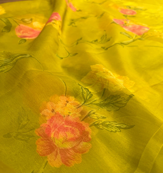 OLIVE COLOUR SHADED SEMI CHIFFON FLORAL PRINTED SAREE