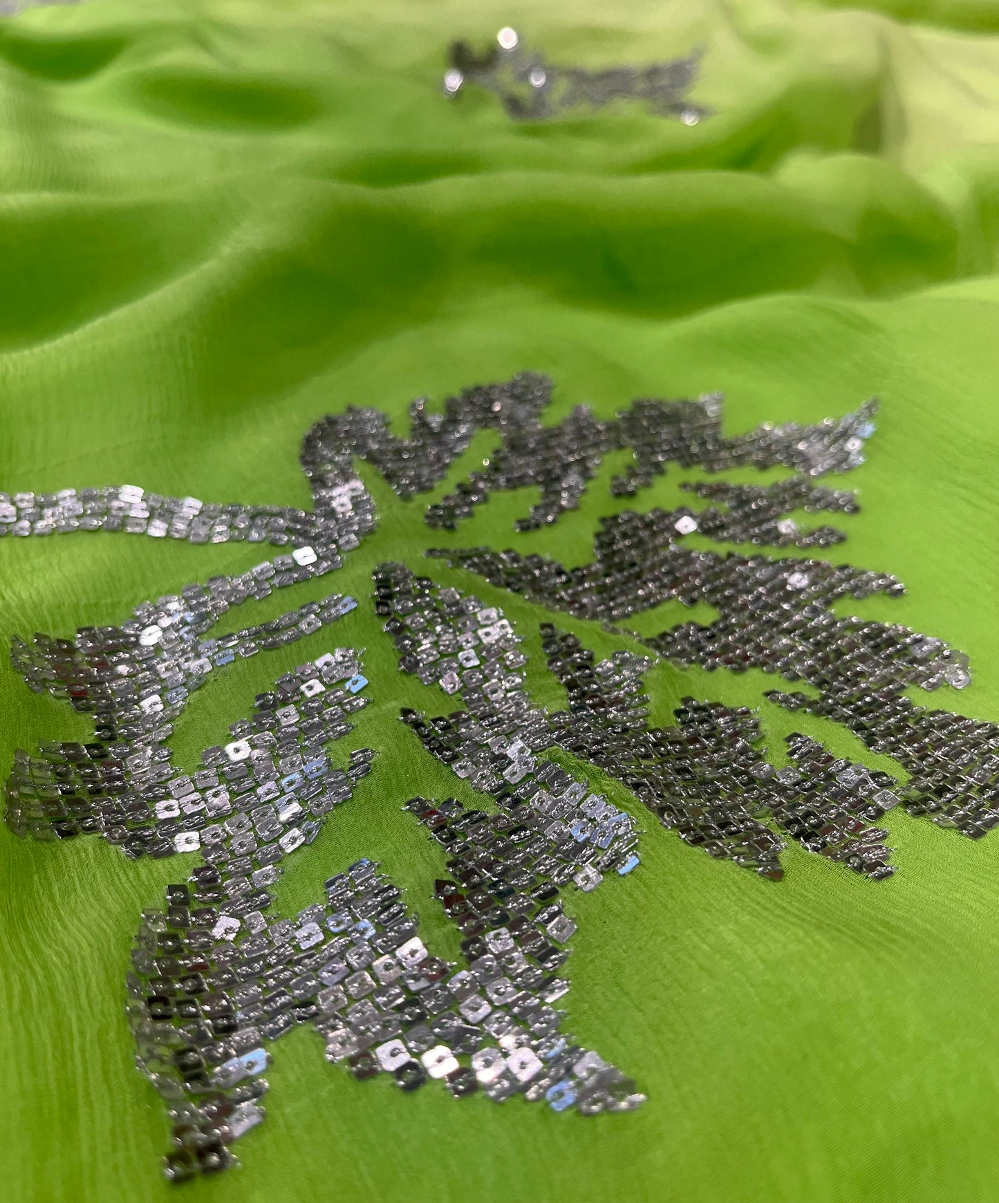 GREEN SHADED PURE PLATINUM CHIFFON HAND EMBROIDERED SAREE EMBELLISHED WITH SEQUINS WORK ( DELIVERY IN 25-30 DAYS ) - Kothari Sons