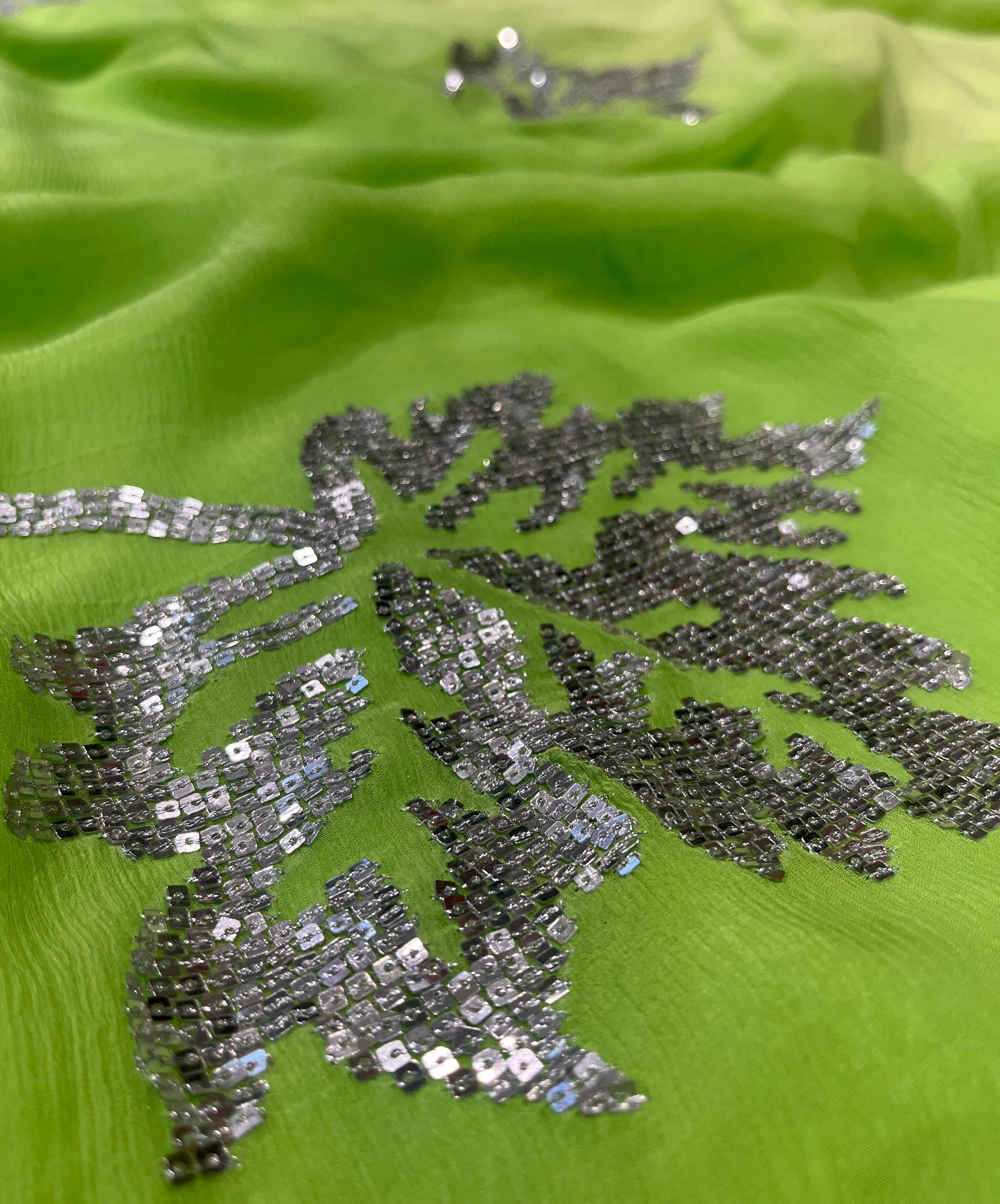 GREEN SHADED PURE PLATINUM CHIFFON HAND EMBROIDERED SAREE EMBELLISHED WITH SEQUINS WORK ( DELIVERY IN 25-30 DAYS ) - Kothari Sons