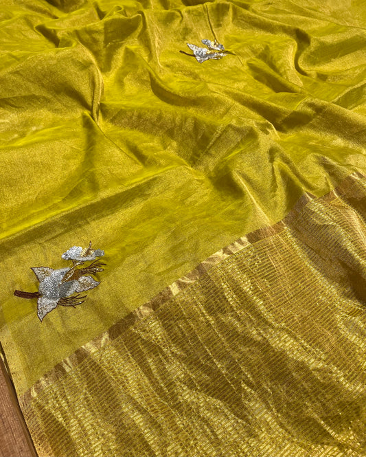 LEMON GREEN COLOUR CHANDERI TISSUE HAND EMBROIDERED SAREE EMBELLISHED WITH AARI, SEQUINS WORK