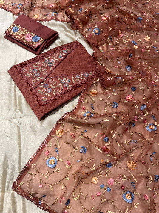 RUST COLOUR CHANDERI SILK UNSTITCHED SUIT EMBELLISHED WITH ORGANZA DUPATTA EMBELLISHED WITH RESHAM & CUTDANA WORK