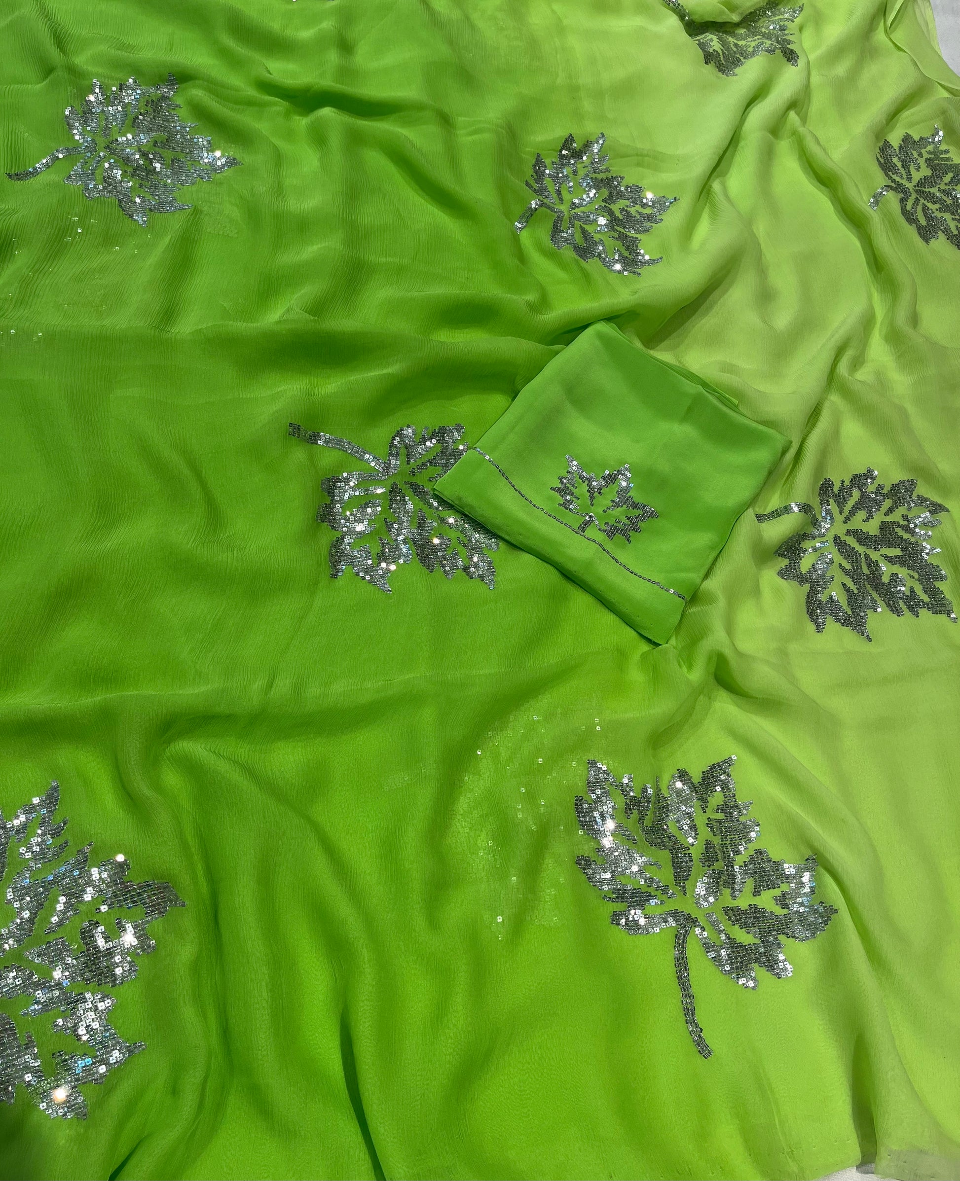 GREEN SHADED PURE PLATINUM CHIFFON HAND EMBROIDERED SAREE EMBELLISHED WITH SEQUINS WORK ( DELIVERY IN 25-30 DAYS ) - Kothari Sons