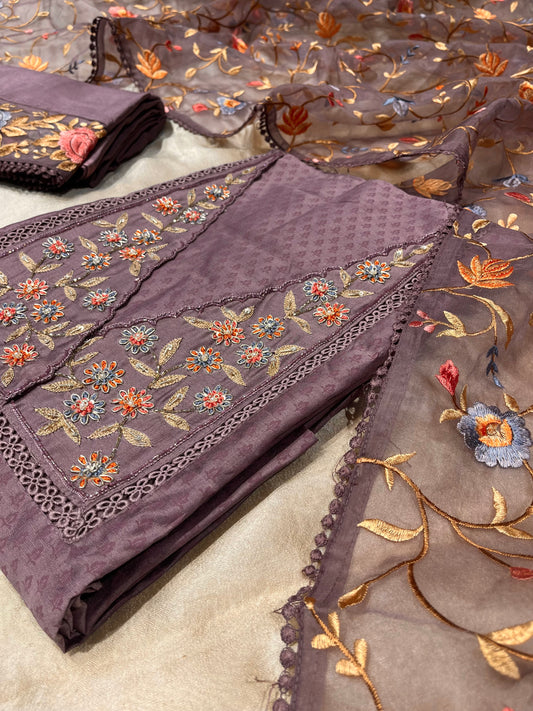 ( DELIVERY IN 25 DAYS ) PURPLE COLOUR CHANDERI SILK UNSTITCHED SUIT WITH ORGANZA DUPATTA EMBELLISHED WITH RESHAM & CUTDANA WORK