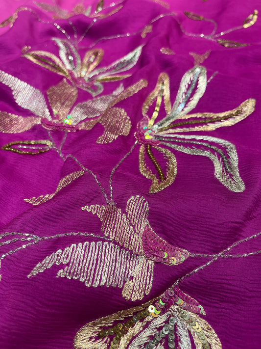 ( DELIVERY IN PURPLE COLOUR PURE CHIFFON HAND EMBROIDERED SAREE EMBELLISHED WITH AARI & SEQUINS WORK