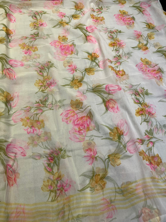 IVORY COLOUR SHADED SEMI CHIFFON FLORAL PRINTED SAREE