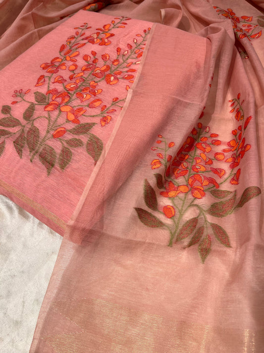 PINK COLOUR TANT DHAKAI JAMDANI UNSTITCHED SUIT WITHOUT BOTTOM ( DRESS MATERIAL )