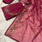 WINE COLOUR CHANDERI SILK EMBROIDERED UNSTITCHED SUIT WITH ORGANZA DUPATTA EMBELLISHED WITH FRENCH KNOT EMBROIDERY