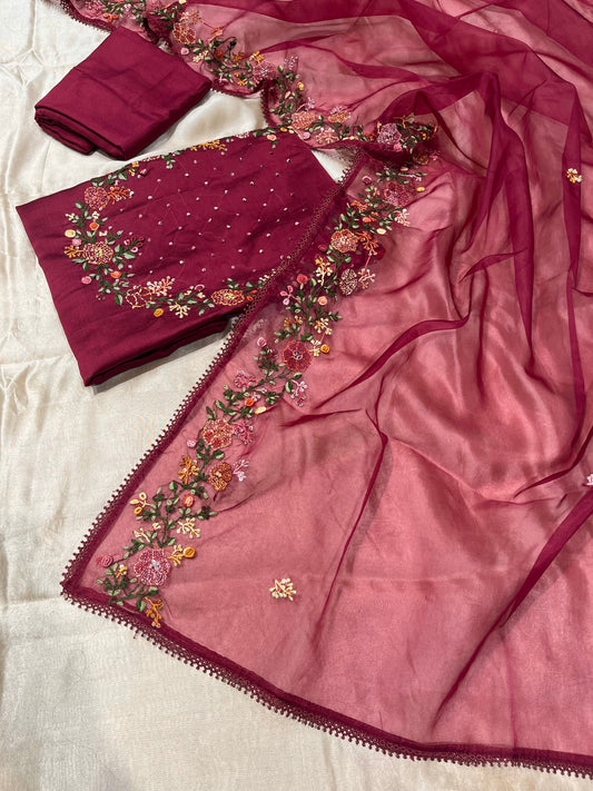 WINE COLOUR CHANDERI SILK EMBROIDERED UNSTITCHED SUIT WITH ORGANZA DUPATTA EMBELLISHED WITH FRENCH KNOT EMBROIDERY