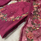 WINE COLOUR CHANDERI SILK EMBROIDERED UNSTITCHED SUIT WITH ORGANZA DUPATTA EMBELLISHED WITH FRENCH KNOT EMBROIDERY