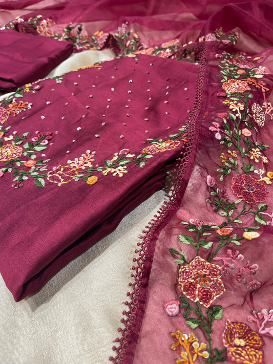 WINE COLOUR CHANDERI SILK EMBROIDERED UNSTITCHED SUIT WITH ORGANZA DUPATTA EMBELLISHED WITH FRENCH KNOT EMBROIDERY