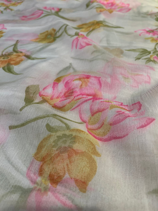 IVORY COLOUR SHADED SEMI CHIFFON FLORAL PRINTED SAREE